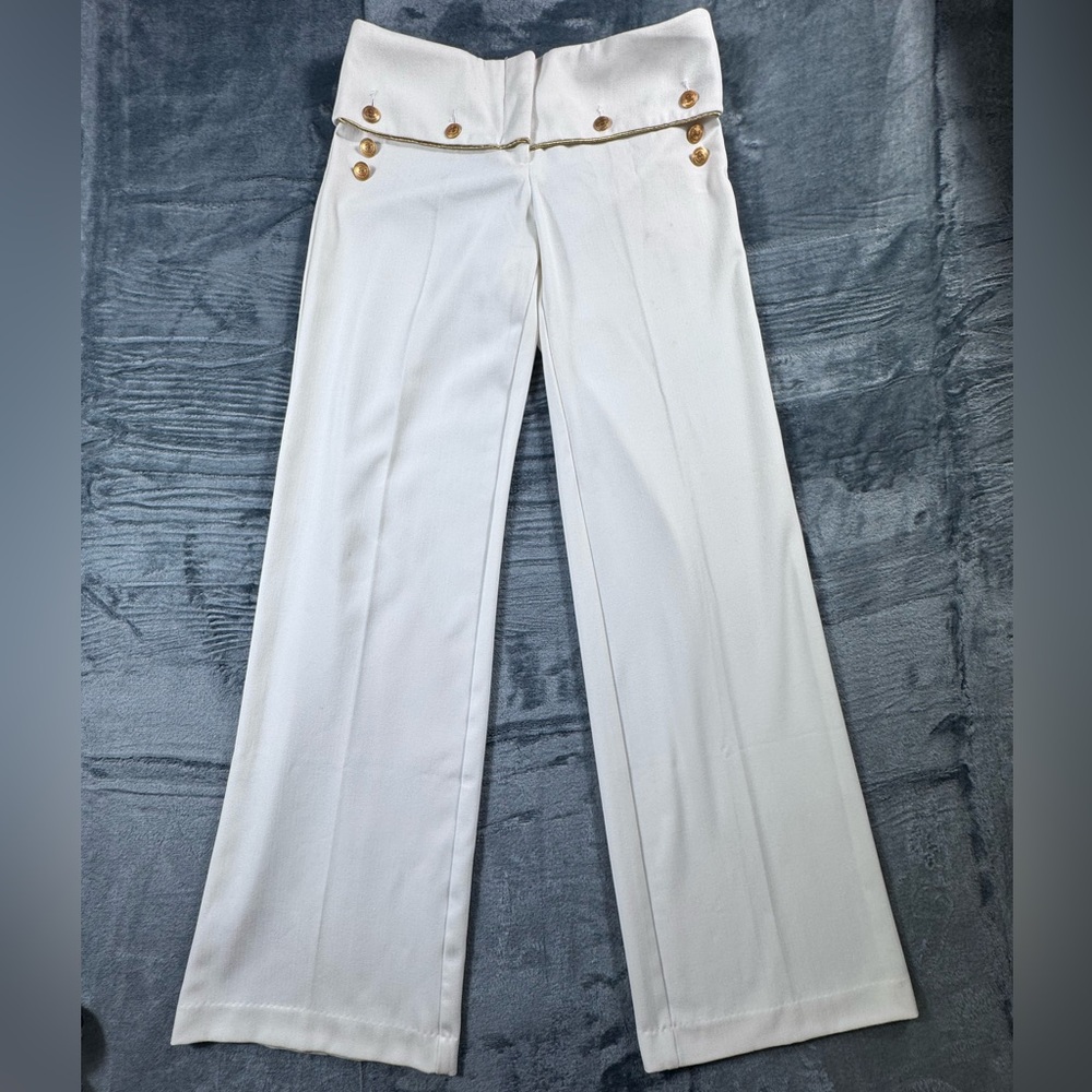 Vintage Caché White Wide Leg Trousers Gold Button Piping Trim Size 8